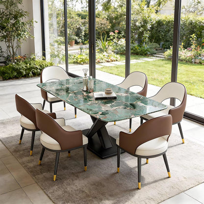 63"Modern Rectangular Dining Table, Natural Green Marble Top with X-Shaped Metal Base