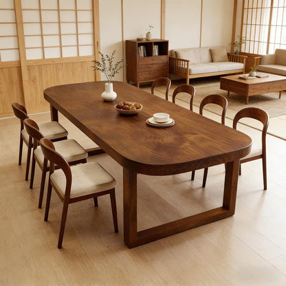 62"-78"Mid-Century Solid Wood Dining Table, Oval Walnut Top with U-Shaped Base