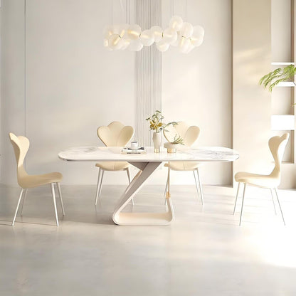 63"-79"Luxury Cream Dining Table, White Marble Top with Sculptural Base for 6 People