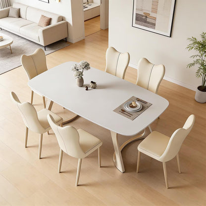 63"-79"Modern Cream Dining Table, White Sintered Stone Top with Sculptural Beige Legs