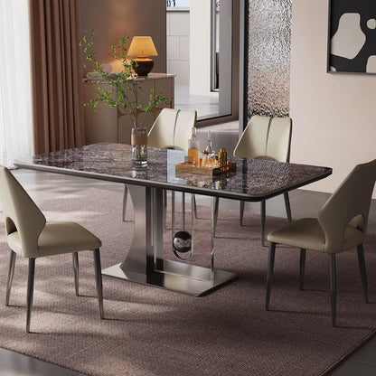 63"-79"Contemporary Statement Dining Table, Glossy Dark Marble Top with Sculptural Metal Leg