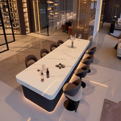 63"-79"White Marble Kitchen Island Bar with LED Lighting, Modern Counter with Rounded Corners