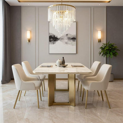 63"-79"Luxury Rectangular Dining Table, White Marble Top with Sleek Gold Metal Legs