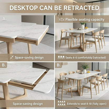 63"-79"Modern Rectangular Dining Table, Marble Top with Natural Oak Cross Base