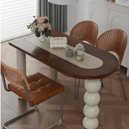 63"-79"Cream Style Oval Dining Table, Retro Design with White Beaded Base