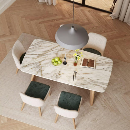 63"-79"White Marble Dining Table with Wood Legs, Modern Rectangular Mid-Century Kitchen Table