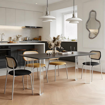 63"-79"Modern Minimalist Dining Table, Black Rectangular Top with Clear Acrylic Legs for 4-6 People
