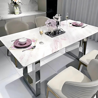 63"-79"Luxury Rectangular Marble Dining Table, Contemporary White Kitchen Table with Sleek Stainless Steel Base