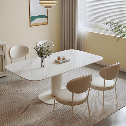 63"-71"Contemporary Dining Table, Glossy White Marble Top with Central Base