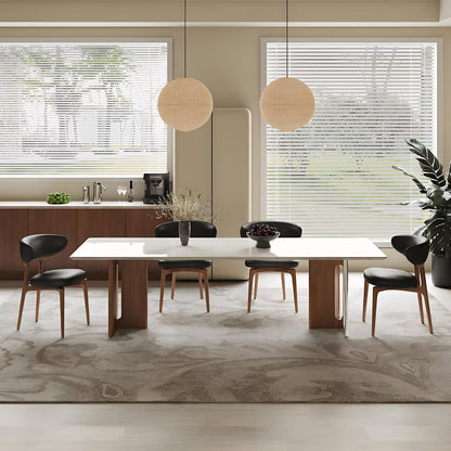 63"-79"Modern White Marble Dining Table with Wood Legs, Rectangular Kitchen Table for 6 People, Mid-Century Style