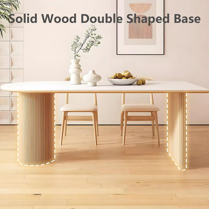 63"-71"Japandi Style Dining Table, White Sintered Stone Top with Fluted Wood Base for 4-6