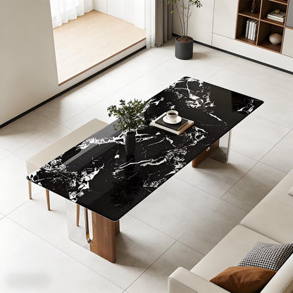 63"-79"Luxury Contemporary Dining Table, Black Marble Top Kitchen Table with Walnut & Chrome Base