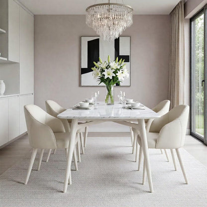 63"-79"White Marble Dining Table, Modern Rectangular Kitchen Table with All-White Legs