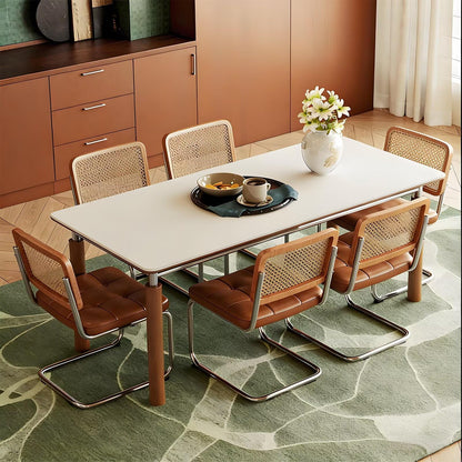 63"-79"Mid-Century Dining Table, White Top with Wood & Chrome Metal Legs for 4-6