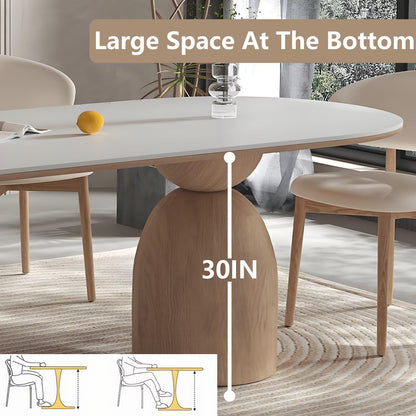 62"-78"Modern Oval Dining Table, White Top with Sculptural Wood Bases for 4-6 People