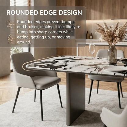 63"-79"Black & White Marble Dining Table, Modern Rectangular Kitchen Table with Black Base