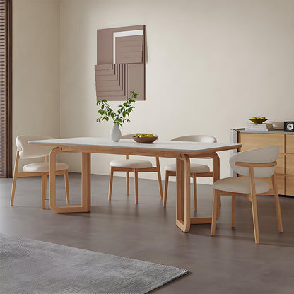 62"-78"Modern Dining Table, White Sintered Stone Top with Natural Wood U-Shaped Legs