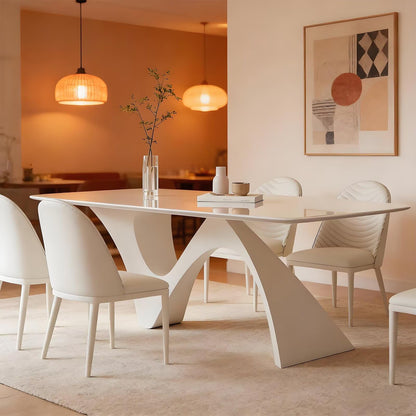 63"-79"Contemporary Minimalist Dining Table, Glossy White Top with Abstract Curved Legs