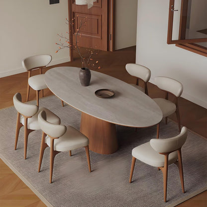 63"-79"Japandi Style Dining Table, Oval Light Top with Solid Wood Tapered Base for 4-6