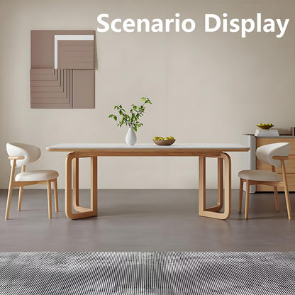 63"-79"Modern Rectangular Dining Table with White Sintered Stone Top & Natural Wood Legs, Seats 4-6
