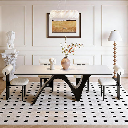 63"-79"Elegant Minimalist Dining Table, White Top with Abstract Curved Black Legs for 4-6