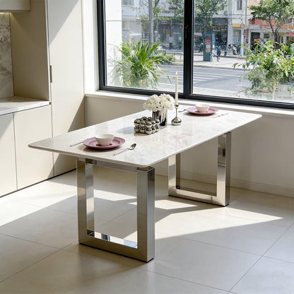 63"-79"Luxury Rectangular Marble Dining Table, Contemporary White Kitchen Table with Sleek Stainless Steel Base