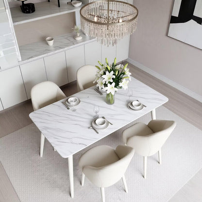 63"-79"White Marble Dining Table, Modern Rectangular Kitchen Table with All-White Legs