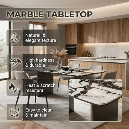 63"-79"Black & White Marble Dining Table, Modern Rectangular Kitchen Table with Black Base