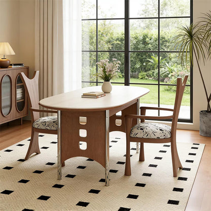 63"-71"Retro Oval Dining Table, White Top with Wood & Chrome Metal Legs