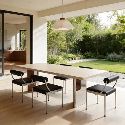 63"-79"Neutral Tone Dining Table, Beige Top with Geometric Wood & Metal Base