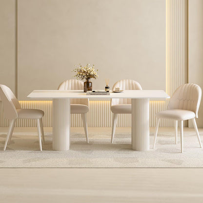 62"-78"Cream White Dining Table, Matte Top with Fluted Pedestal Bases for 4-6 People