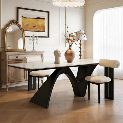 63"-79"Stylish Dining Table, White Top with Abstract Black Sculptural Legs for Dining Room