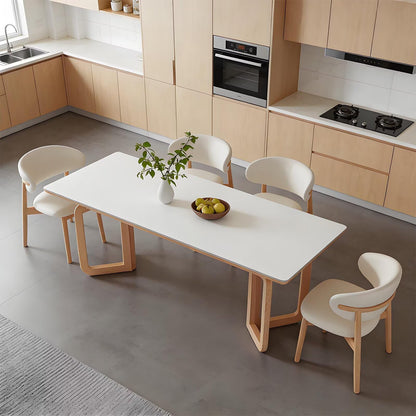 62"-78"Modern Dining Table, White Sintered Stone Top with Natural Wood U-Shaped Legs