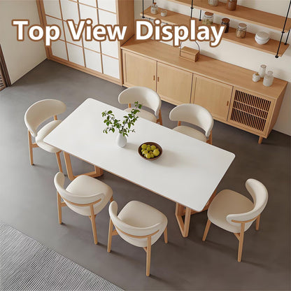 63"-79"Modern Rectangular Dining Table with White Sintered Stone Top & Natural Wood Legs, Seats 4-6