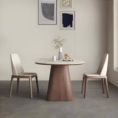 63"-79"Mid-Century Oval Dining Table, White Sintered Stone Top with Walnut Pedestal Base