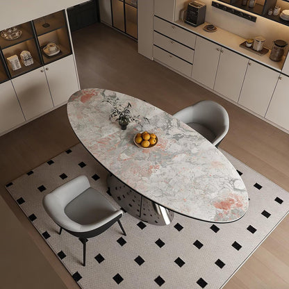 63"-79"Modern Oval Marble Dining Table with Polished Chrome Base, Luxury Kitchen Table for 4-6 People