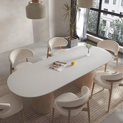 62"-78"Modern Oval Dining Table, White Top with Sculptural Wood Bases for 4-6 People