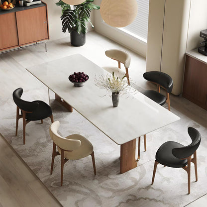 63"-79"Modern White Marble Dining Table with Wood Legs, Rectangular Kitchen Table for 6 People, Mid-Century Style