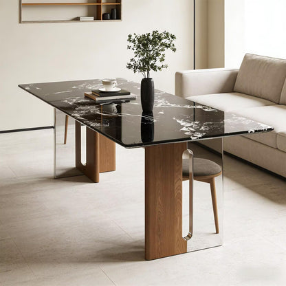 63"-79"Luxury Contemporary Dining Table, Black Marble Top Kitchen Table with Walnut & Chrome Base