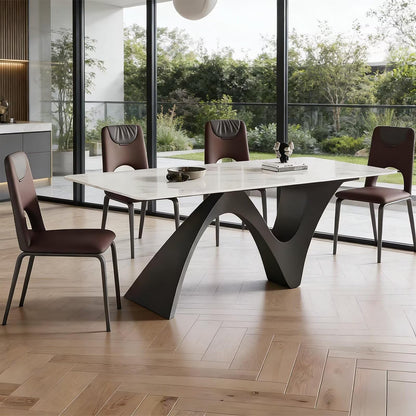 63"-79"Elegant Statement Dining Table, Rectangular Marble Top with Unique Curved Metal Base