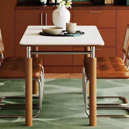63"-79"Mid-Century Dining Table, White Top with Wood & Chrome Metal Legs for 4-6
