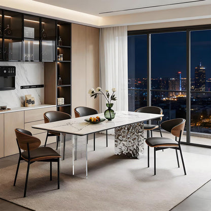 63"-71"Luxury Rectangular Dining Table, Glossy White Marble Top with Clear Acrylic & Silver Base for 6