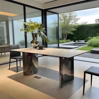 63"-79"Luxury Modern Dining Table, Rectangular Marble Top with Polished Chrome Metal Legs