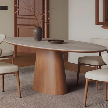 63"-79"Japandi Style Dining Table, Oval Light Top with Solid Wood Tapered Base for 4-6