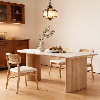 63"-71"Japandi Style Dining Table, White Sintered Stone Top with Fluted Wood Base for 4-6