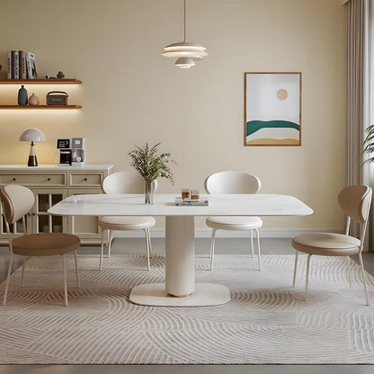 63"-71"Contemporary Dining Table, Glossy White Marble Top with Central Base