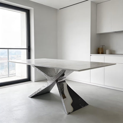 63"-79"Minimalist Dining Table, Glossy White Tabletop with Black Water Ripple Base
