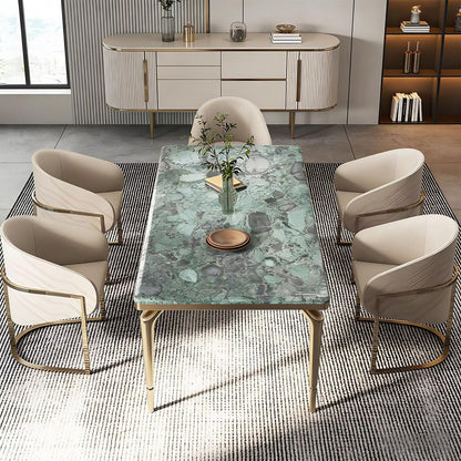 63"-79"Luxury Green Marble Dining Table, Rectangular Tabletop with Gold Metal Legs