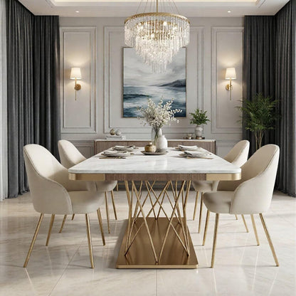 60"-80"Luxury Rectangular Dining Table, White Marble Top with Sleek Gold Metal Legs