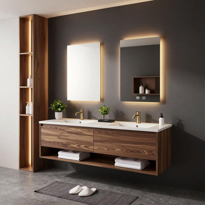 60”-96”Modern Wall-Mounted Bathroom Vanity with Walnut Finish & LED Lighted Mirrors